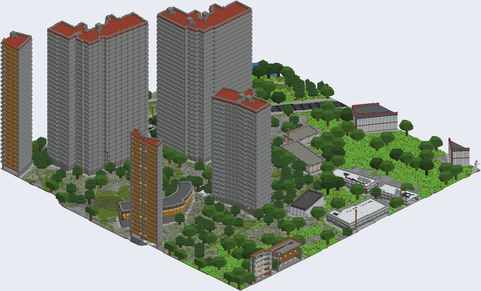 아파트 단지 근접 — 산책로와 옥상 구조물